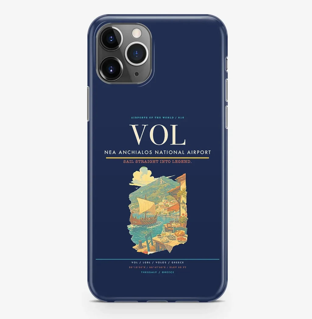 Volos Airport (VOL) design on navy blue iPhone 16 Pro MagSafe case