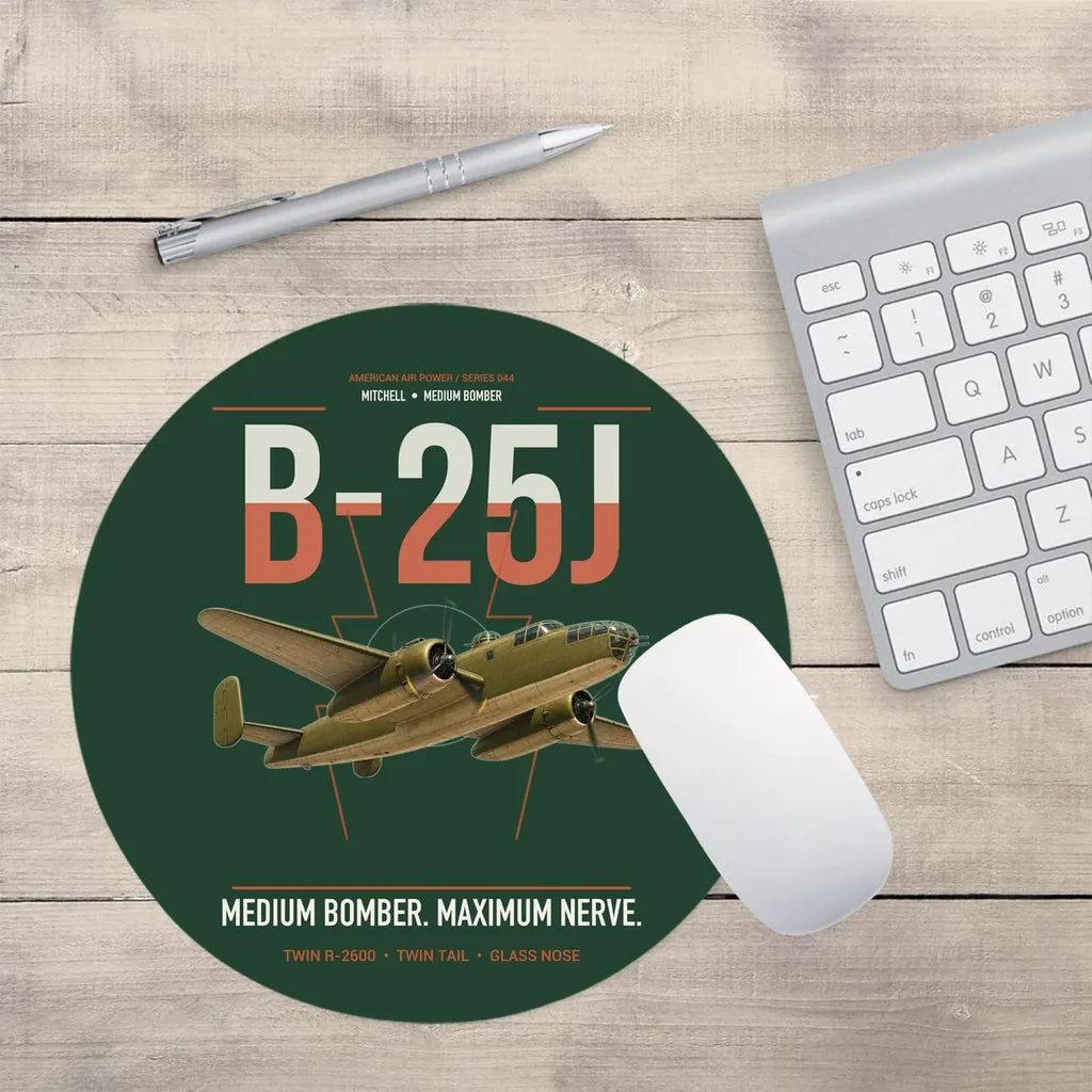 B-25J Mitchell design on dark green round mouse pad