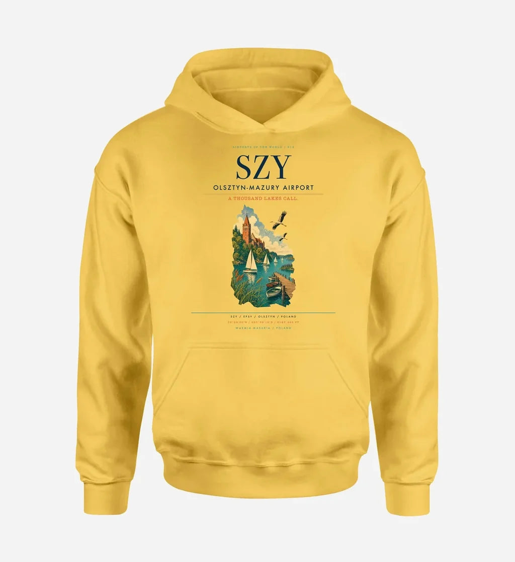Olsztyn-Mazury Airport (SZY) design on yellow hoodie single-side print