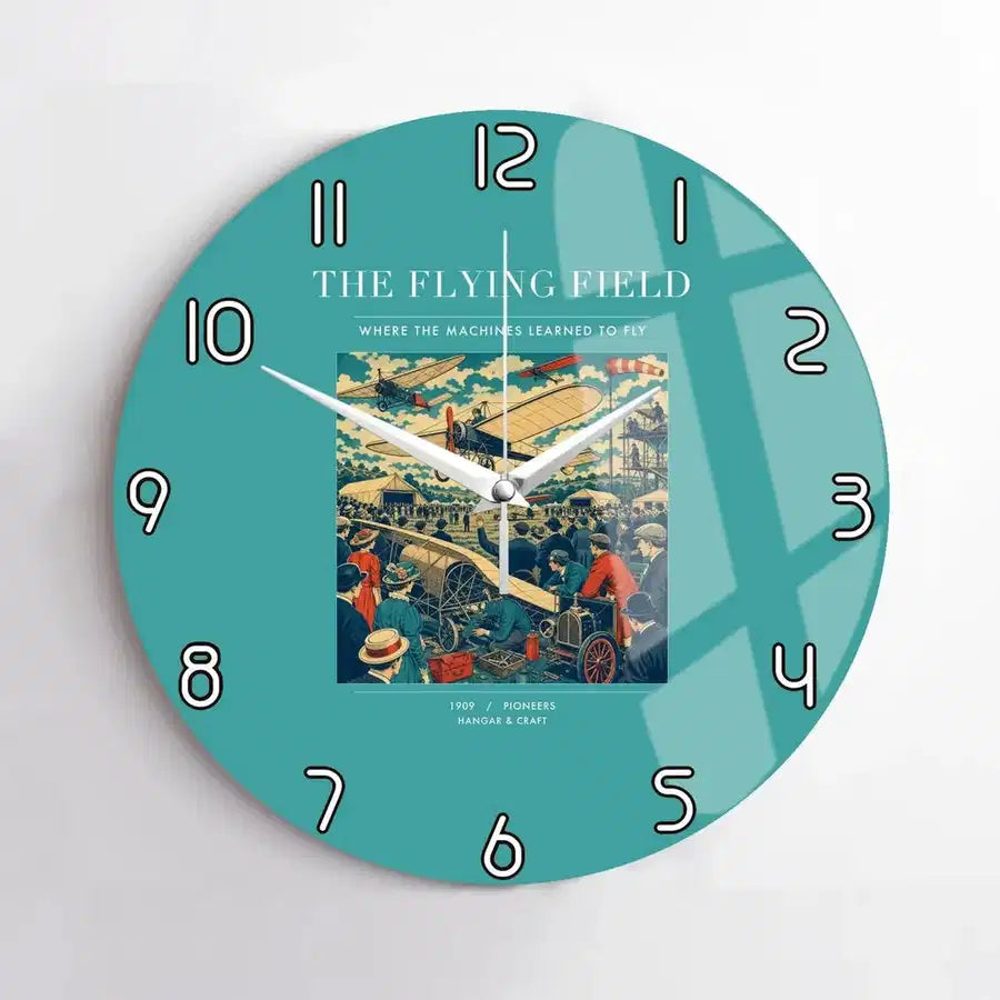 VINTAGE G4001 - The Flying Field - Designed Wall Clocks design on turquoise no-frame