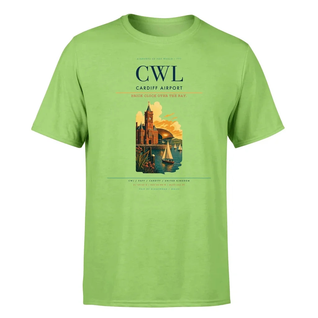 Cardiff Airport (CWL) T-Shirt single-side front print in Light Green | cardiff-airport-cwl-double-side-t-shirt