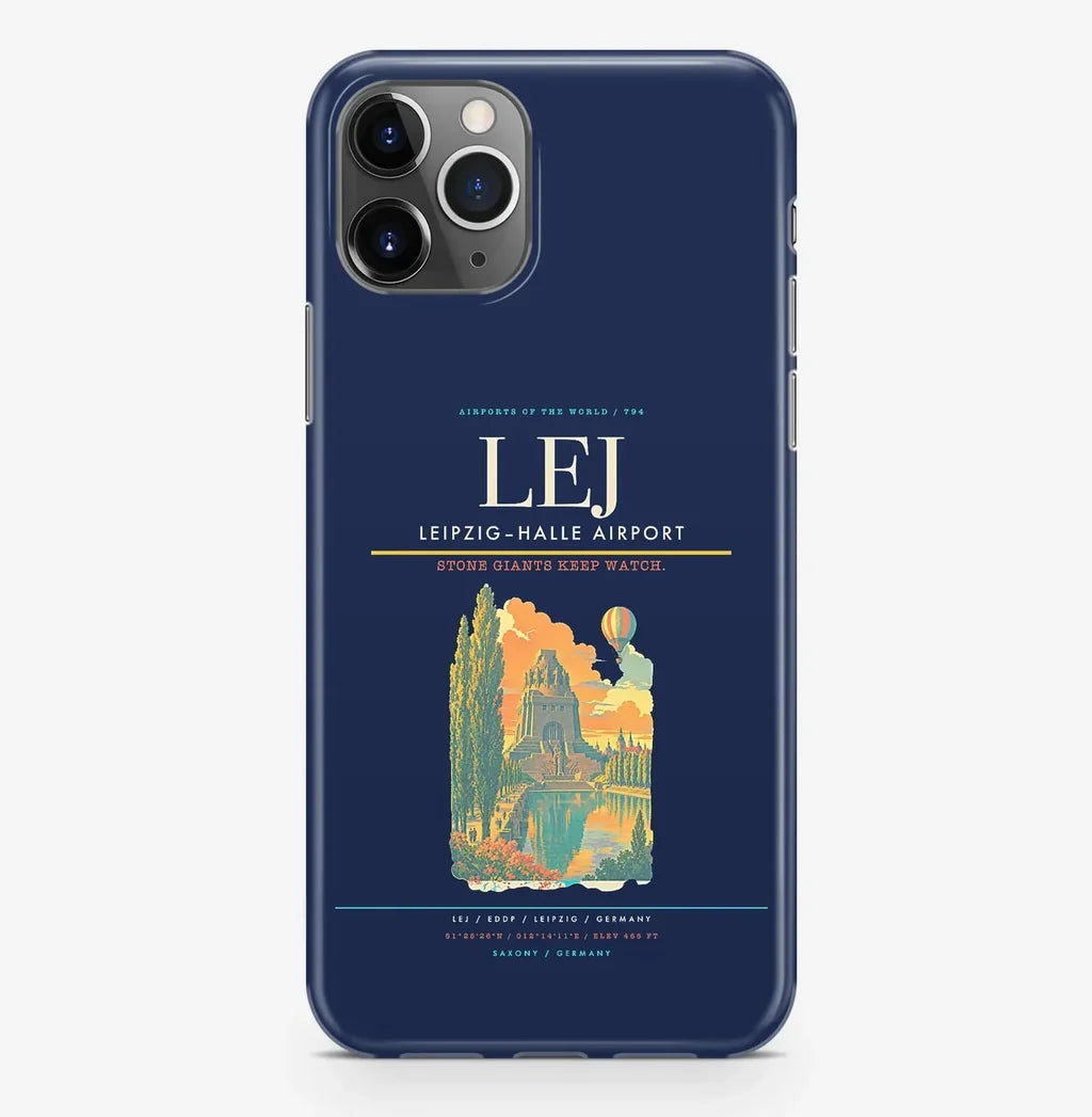 Leipzig Airport (LEJ) design on navy blue iPhone 16 Pro MagSafe case