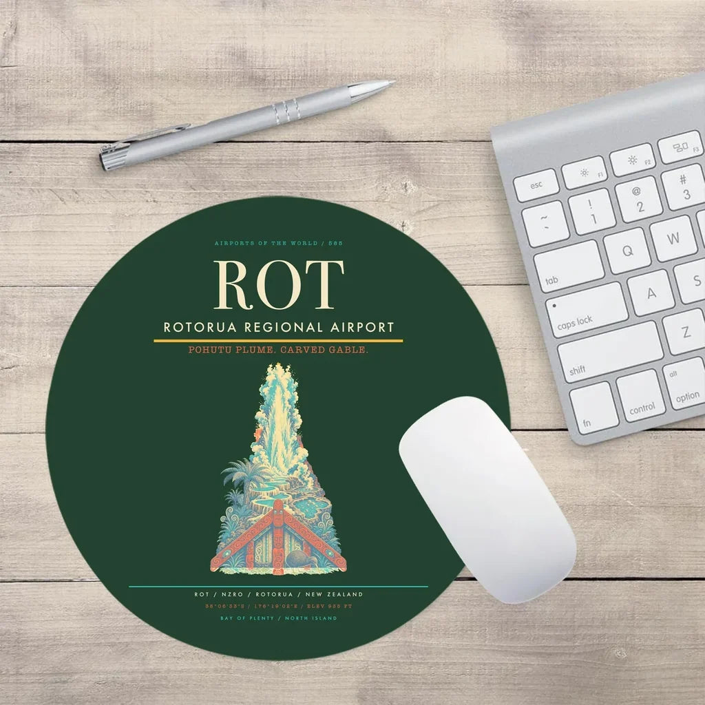 Rotorua Regional Airport (ROT) design on dark green round mouse pad