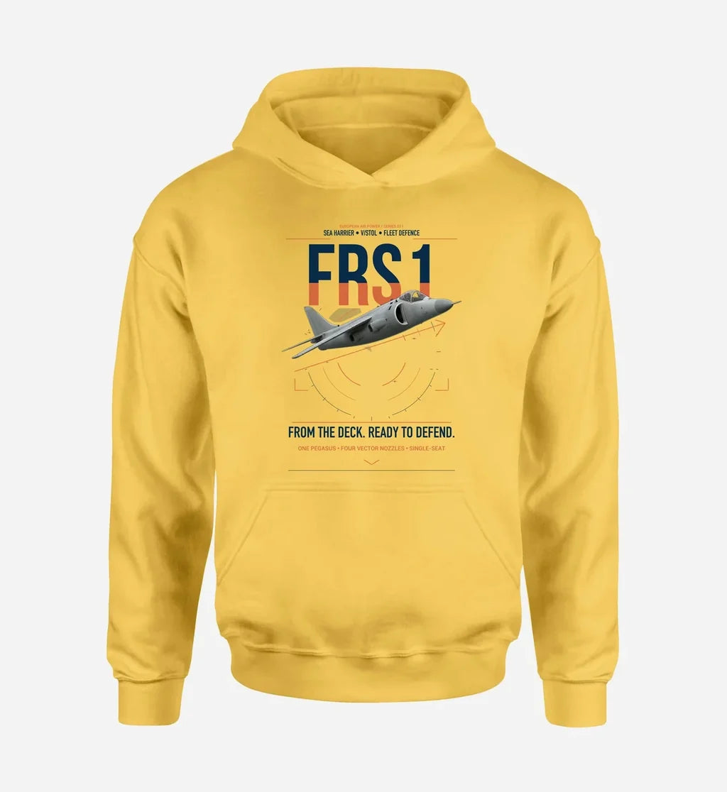 British Aerospace Sea Harrier FRS.1 design on yellow double-side hoodie, single-side print
