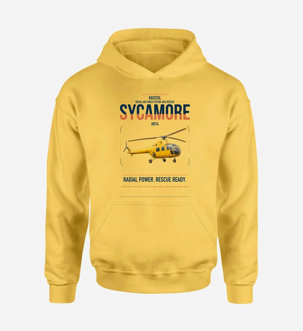 Bristol Sycamore HR14 design on yellow double-side hoodie, single-side print