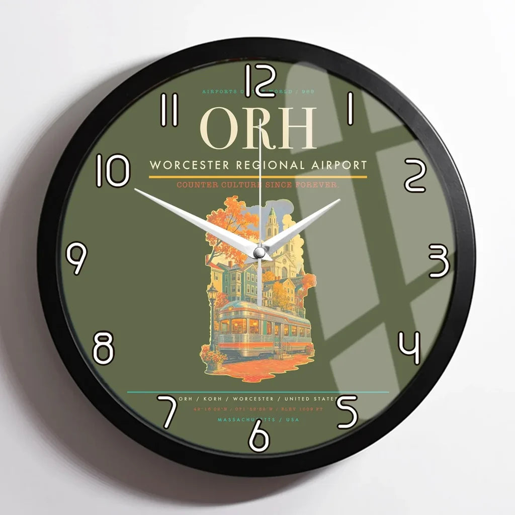 Worcester Regional Airport (ORH) design on green army framed wall clock