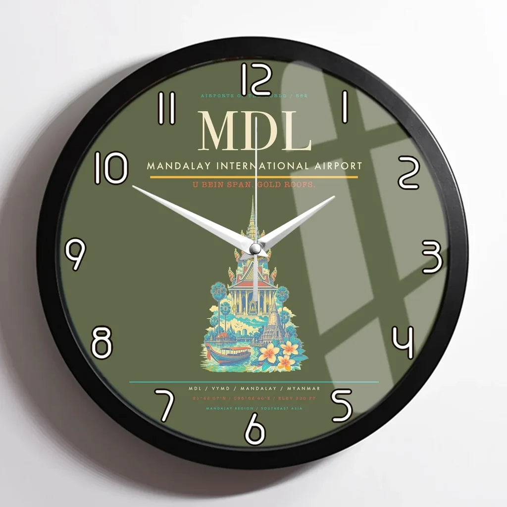 Mandalay International Airport (MDL) design on green army framed wall clock