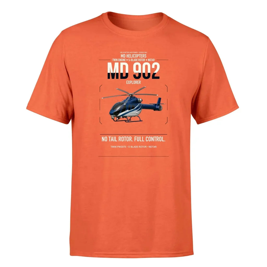 MD Helicopters MD 902 Explorer design on orange t-shirt, single-side print