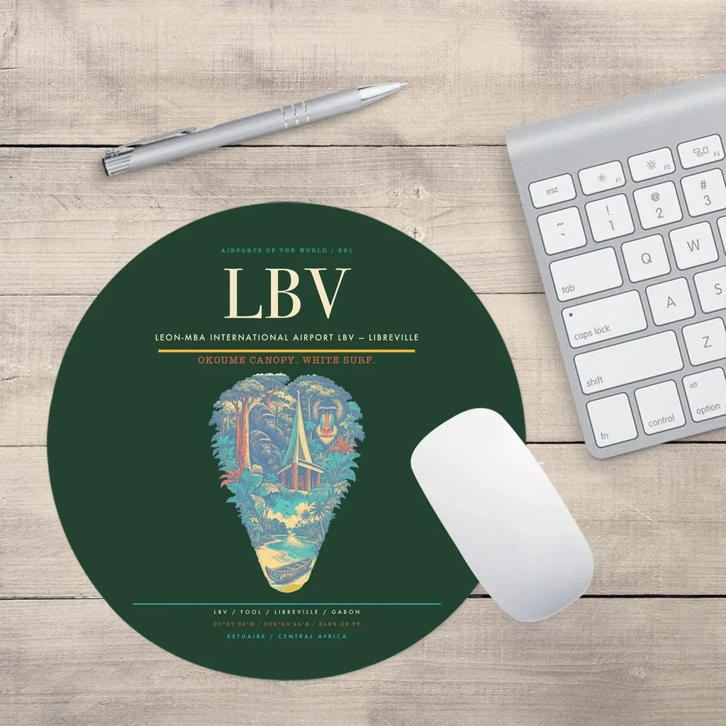 Leon-Mba International Airport (LBV) design on dark green round mouse pad