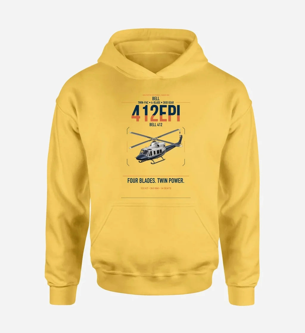 Bell 412EPI design on yellow double-side hoodie, single-side print