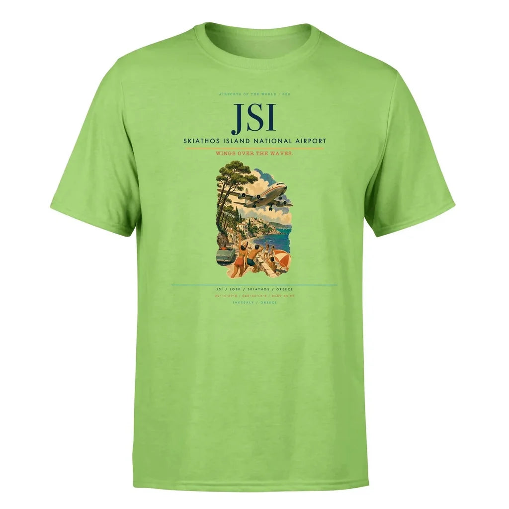 Skiathos Island National Airport (JSI) T-Shirt single-side front print in Light Green | skiathos-island-national-airport-jsi-double-side-t-shirt