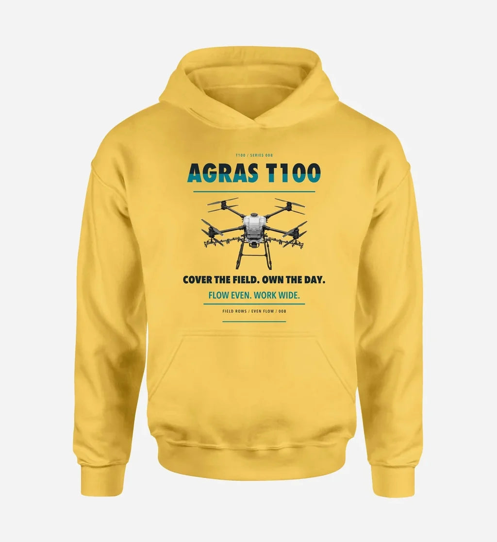 DJI Agras T100 design on yellow hoodie single side
