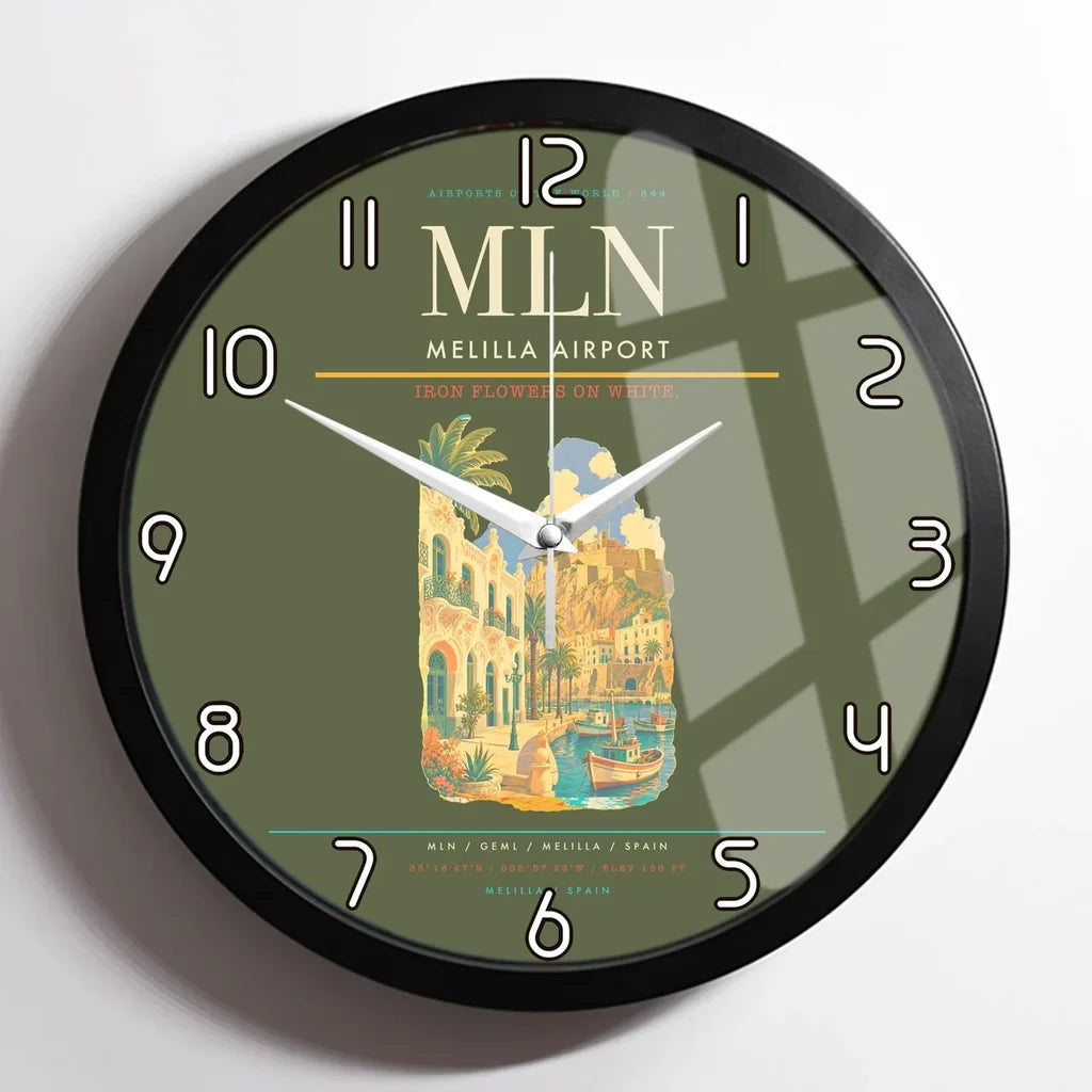 Melilla Airport (MLN) design on green army framed wall clock