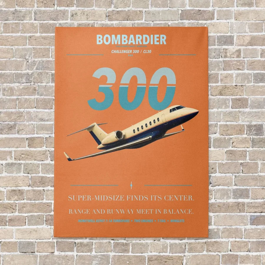 Bombardier Challenger 300 vertical canvas print - no frame - orange background