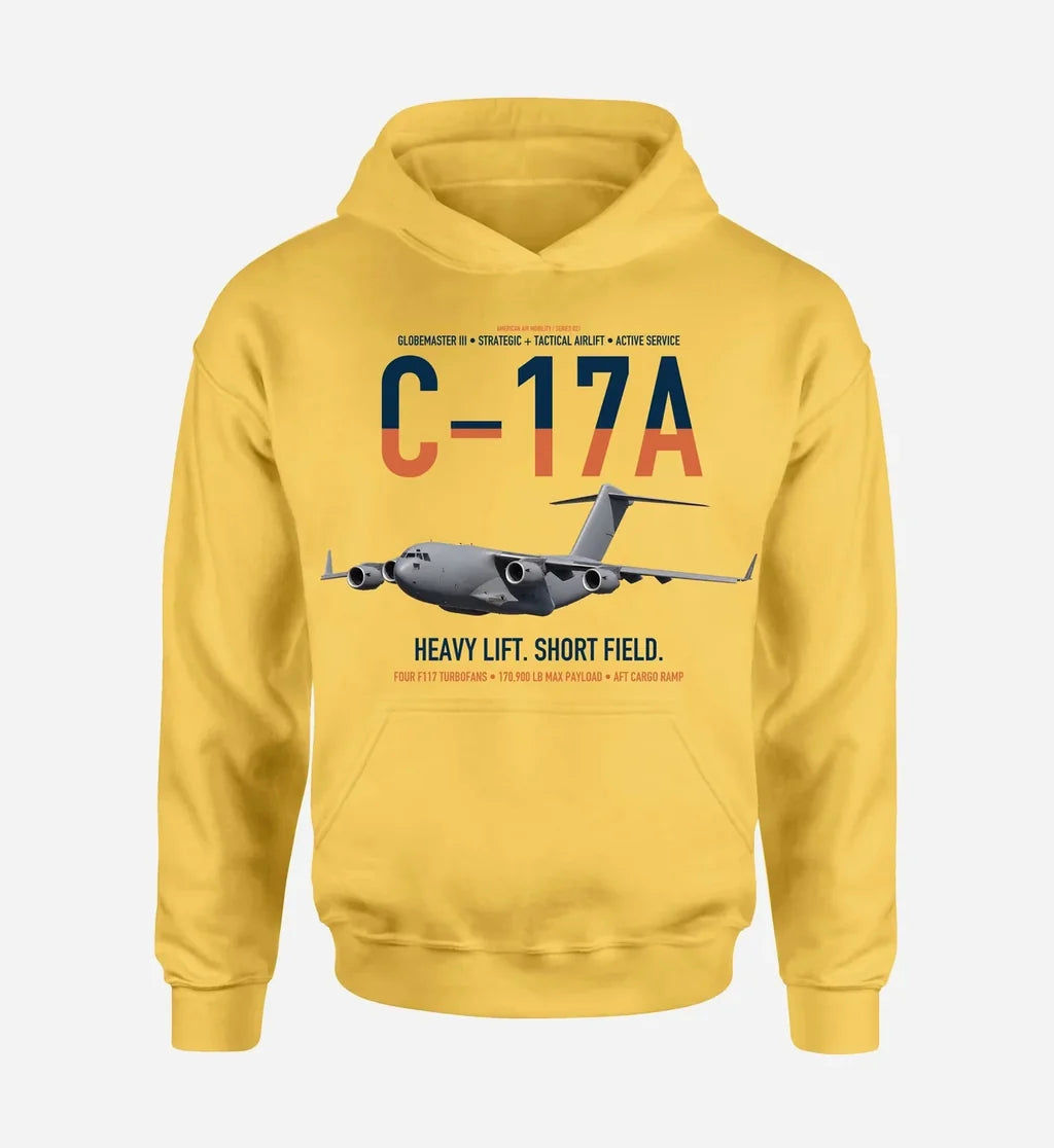C-17A Globemaster III design on yellow double-side hoodie, single-side print