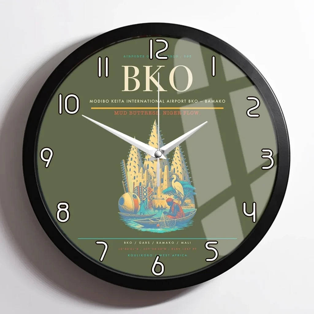 Modibo Keita International Airport (BKO) design on green army framed wall clock