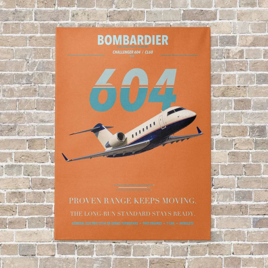 Bombardier Challenger 604 vertical canvas print - no frame - orange background