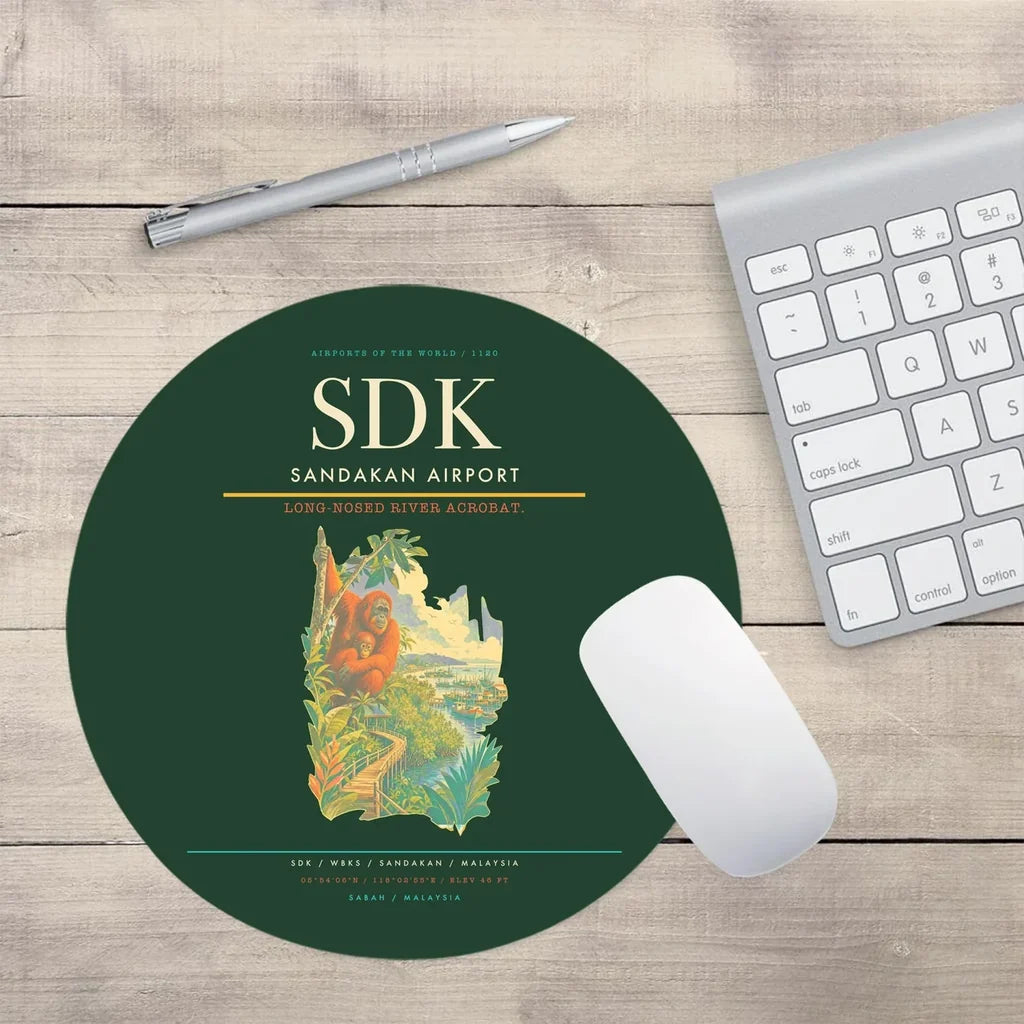Sandakan Airport (SDK) design on dark green round mouse pad