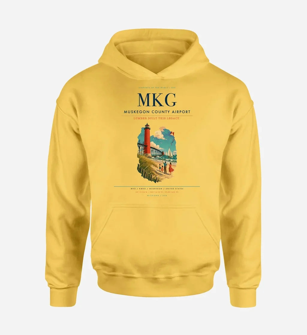 Muskegon County Airport (MKG) design on yellow hoodie single-side print