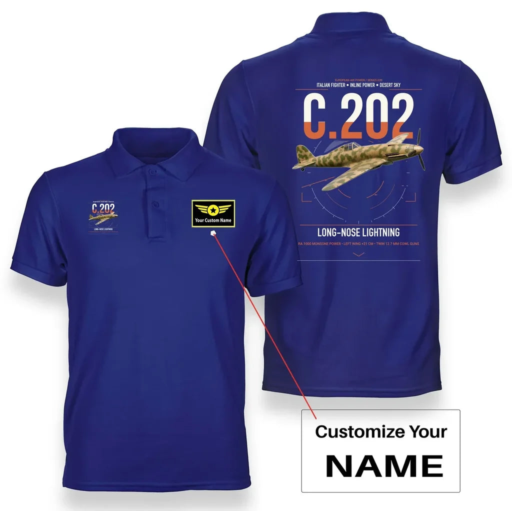 Macchi C.202 Folgore design on blue+name double-side polo t-shirt, double-side print