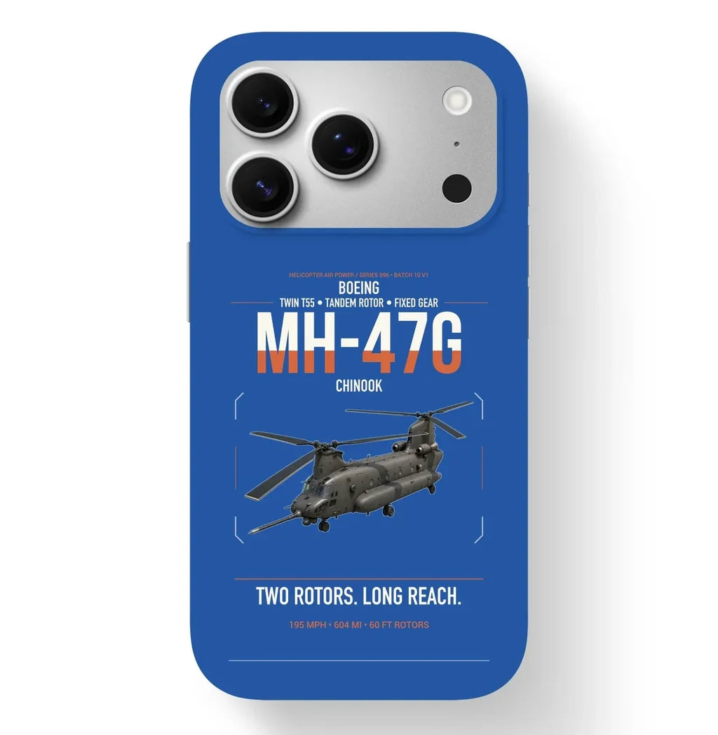 Boeing MH-47G Chinook design on blue magsafe iphone case, for iPhone 17 Pro