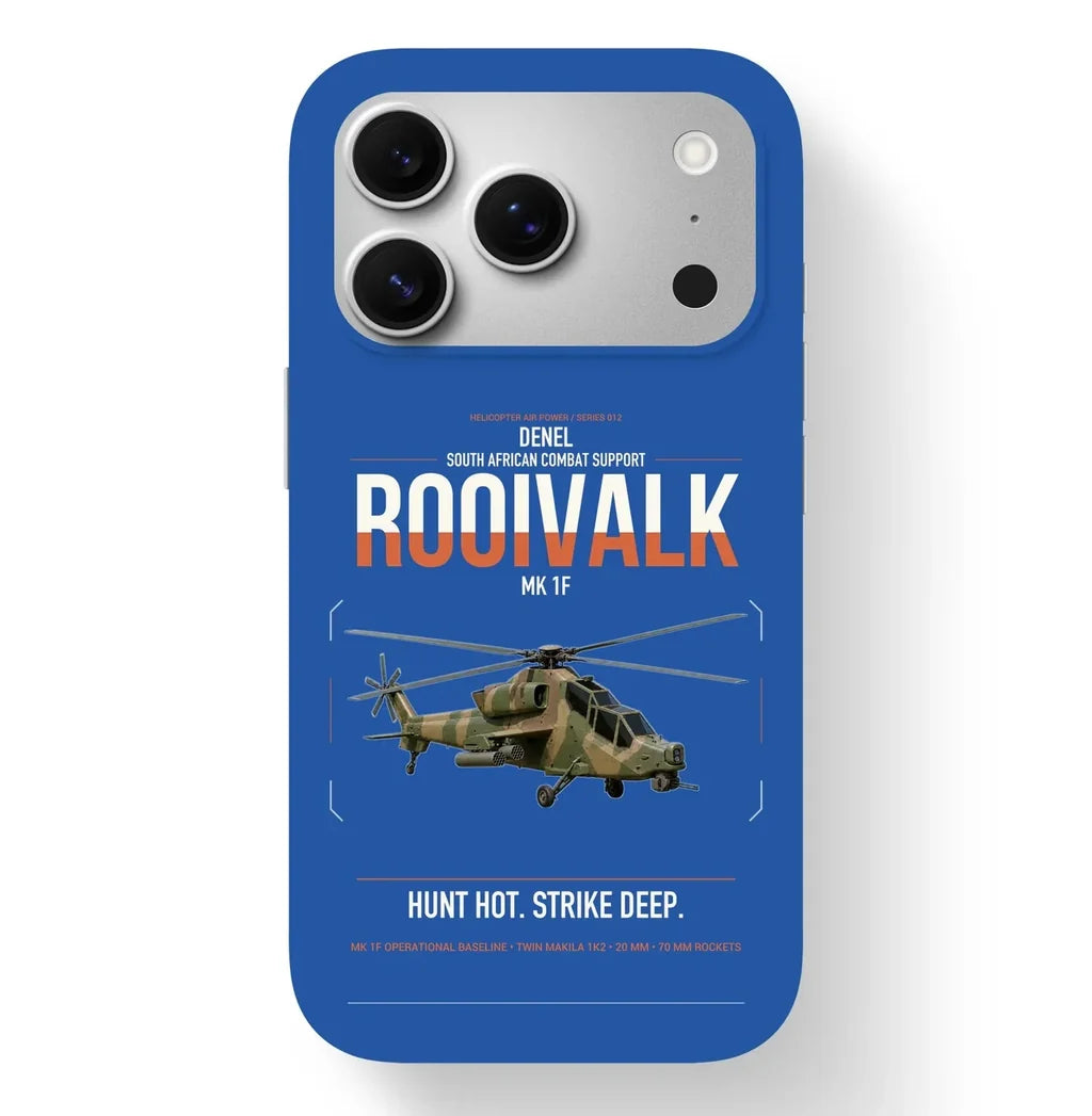 Denel Rooivalk Mk 1F design on blue magsafe iphone case, for iPhone 17 Pro