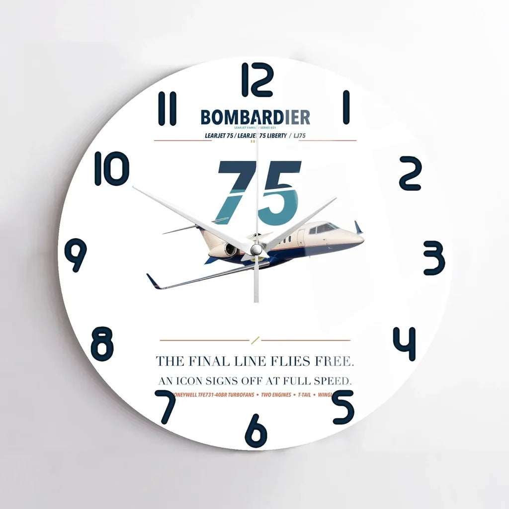Bombardier Learjet 75 Liberty design on white no frame wall clock