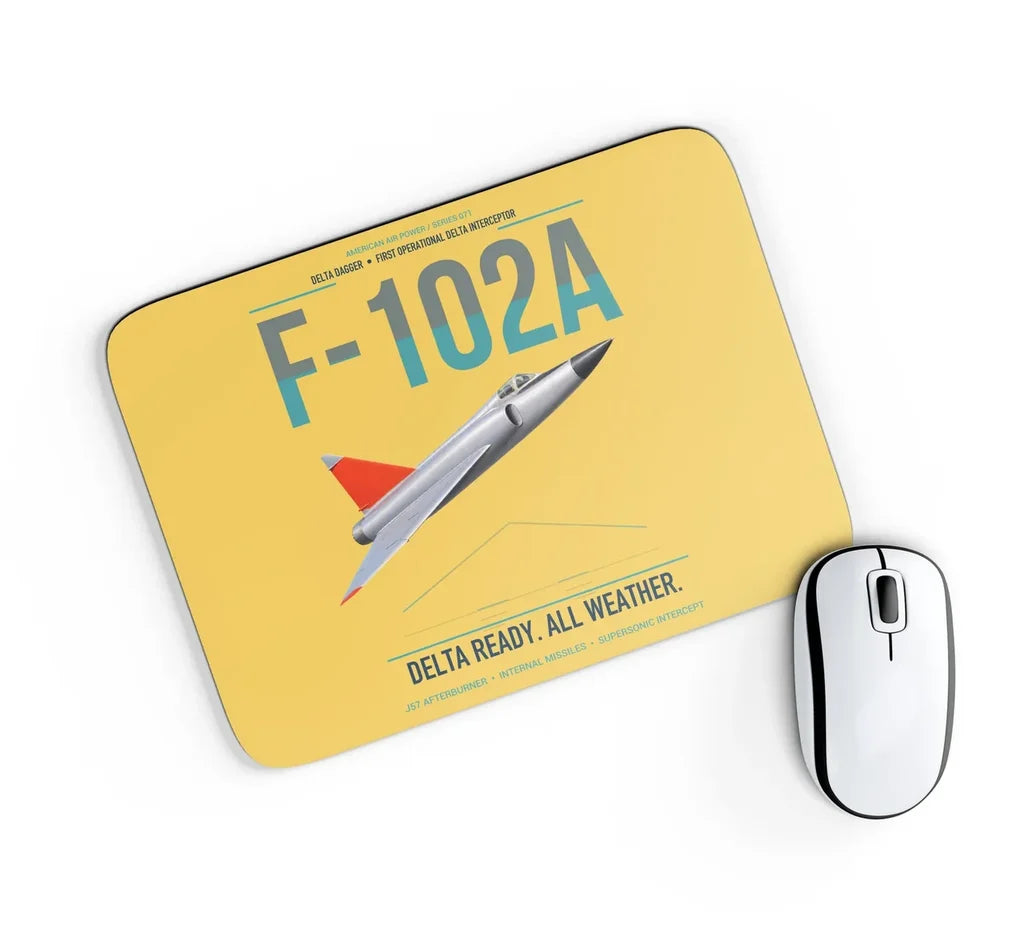 F-102A Delta Dagger design on yellow rectangle mouse pad