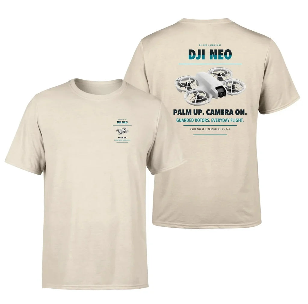 DJI Neo design on beige t shirt