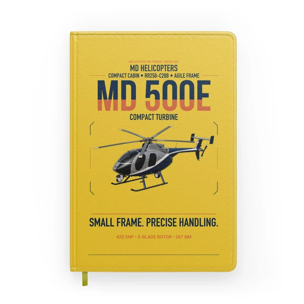 MD Helicopters MD 500E design on yellow notebook