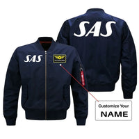Thumbnail for SAS Airlines aviation design with custom name embroidered on blue bomber jacket