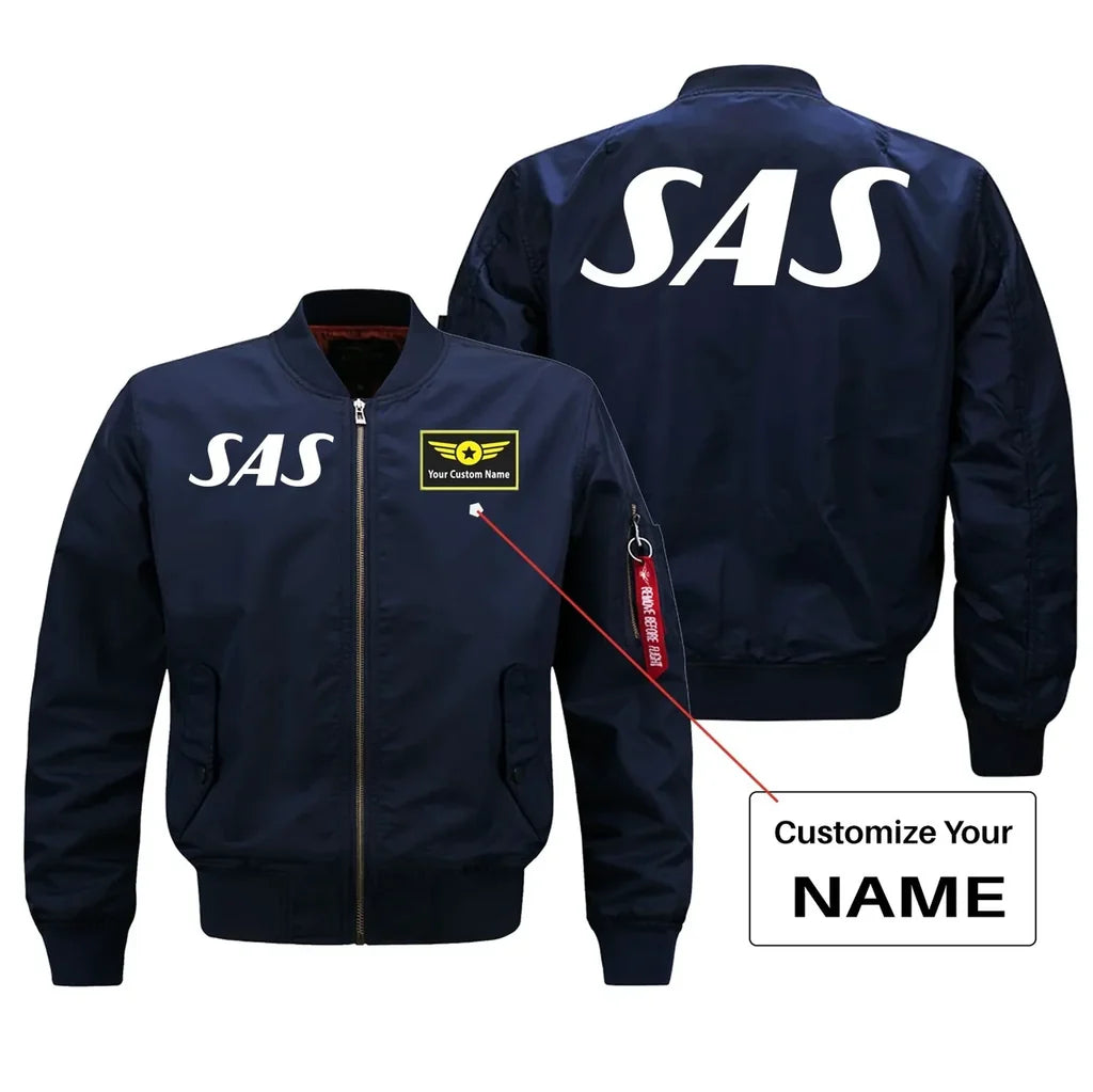 SAS Airlines aviation design with custom name embroidered on blue bomber jacket
