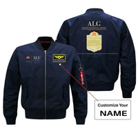 Thumbnail for Houari Boumediene Airport (ALG) design on blue bomber jacket with custom name patch