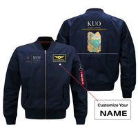 Thumbnail for Kuopio Airport (KUO) design on blue bomber jacket with custom name patch