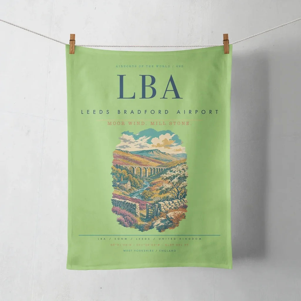 Leeds Bradford Airport (LBA) design on light green towel