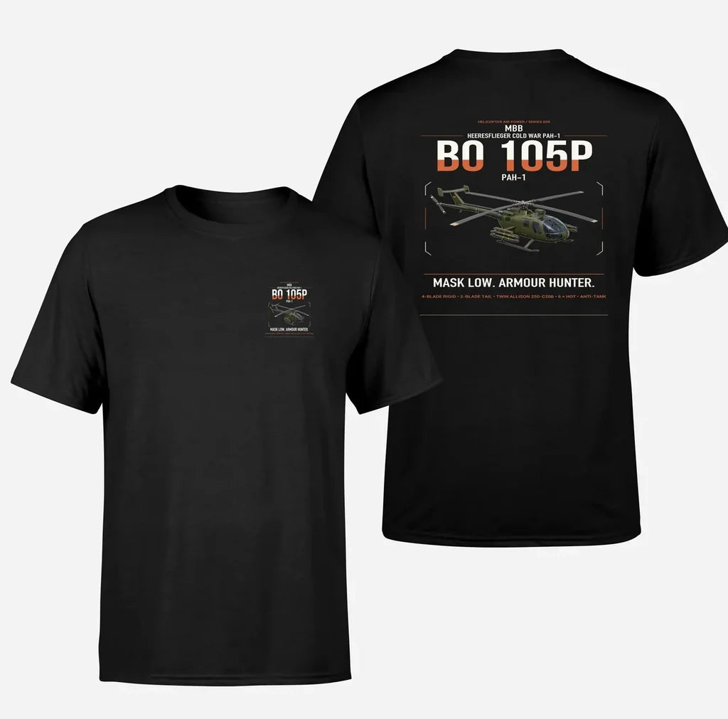 MBB BO 105P PAH-1 design on black t-shirt, double-side print