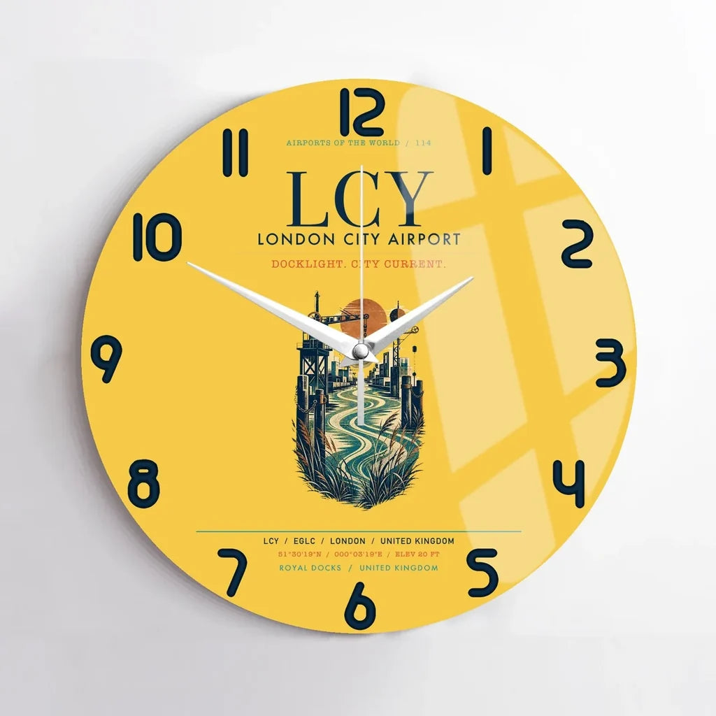 London City Airport (LCY) design on yellow no frame wall clock