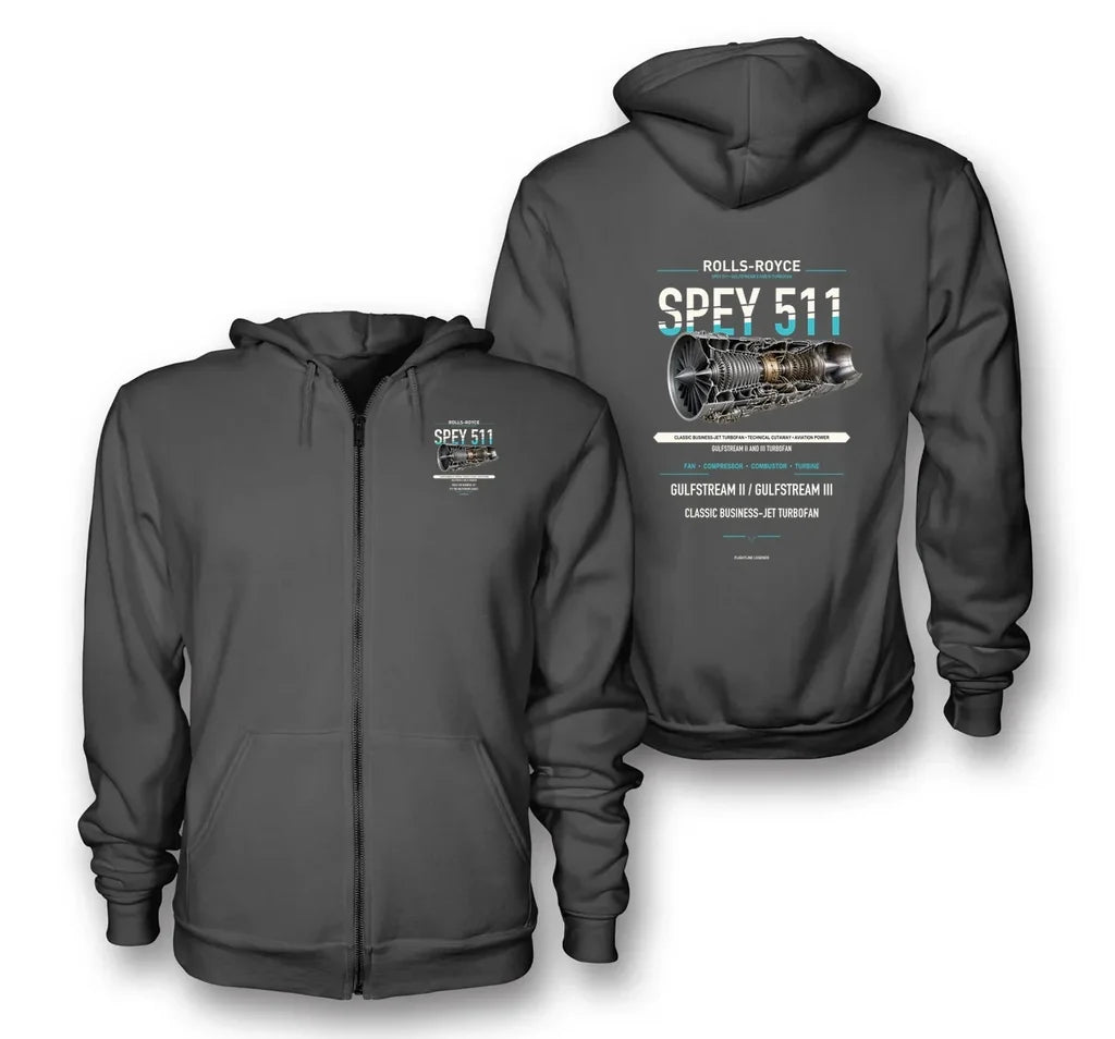 SPEY 511 design on dark gray zipped hoodie