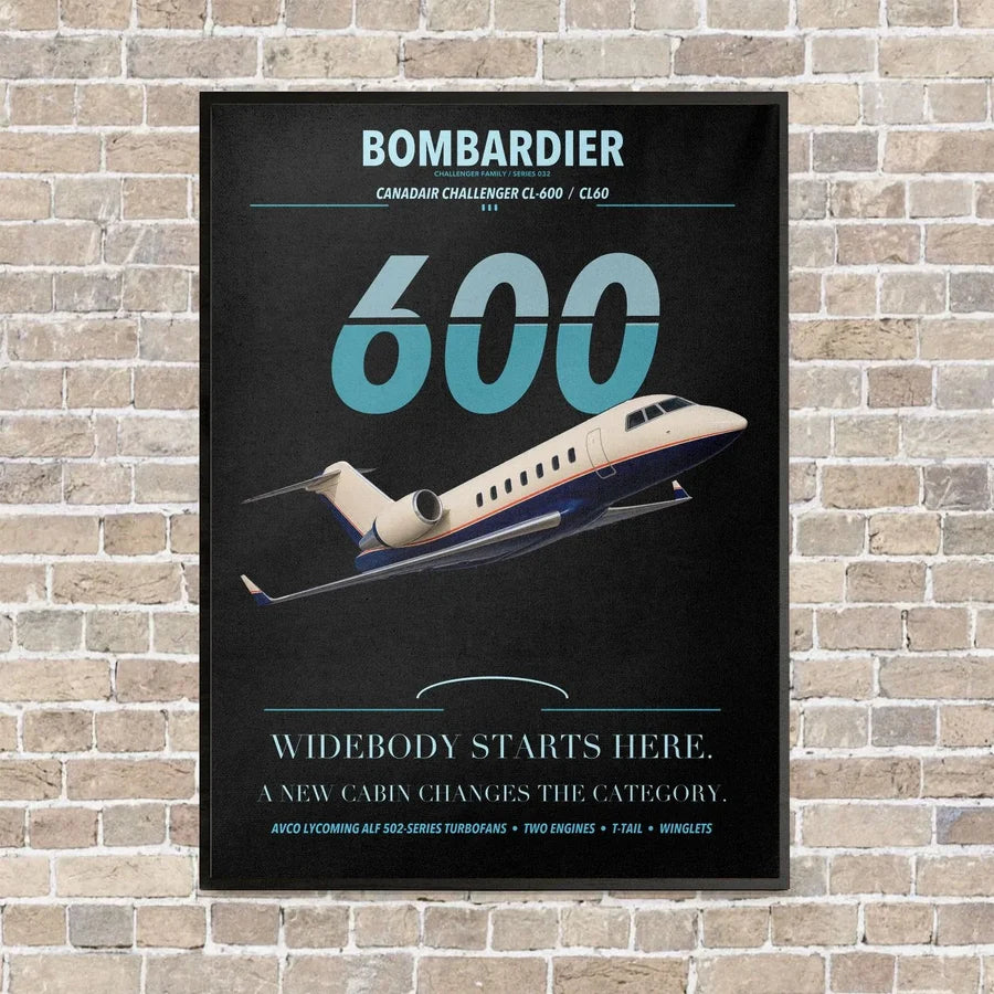 Bombardier Challenger 600 vertical canvas print - framed - black background