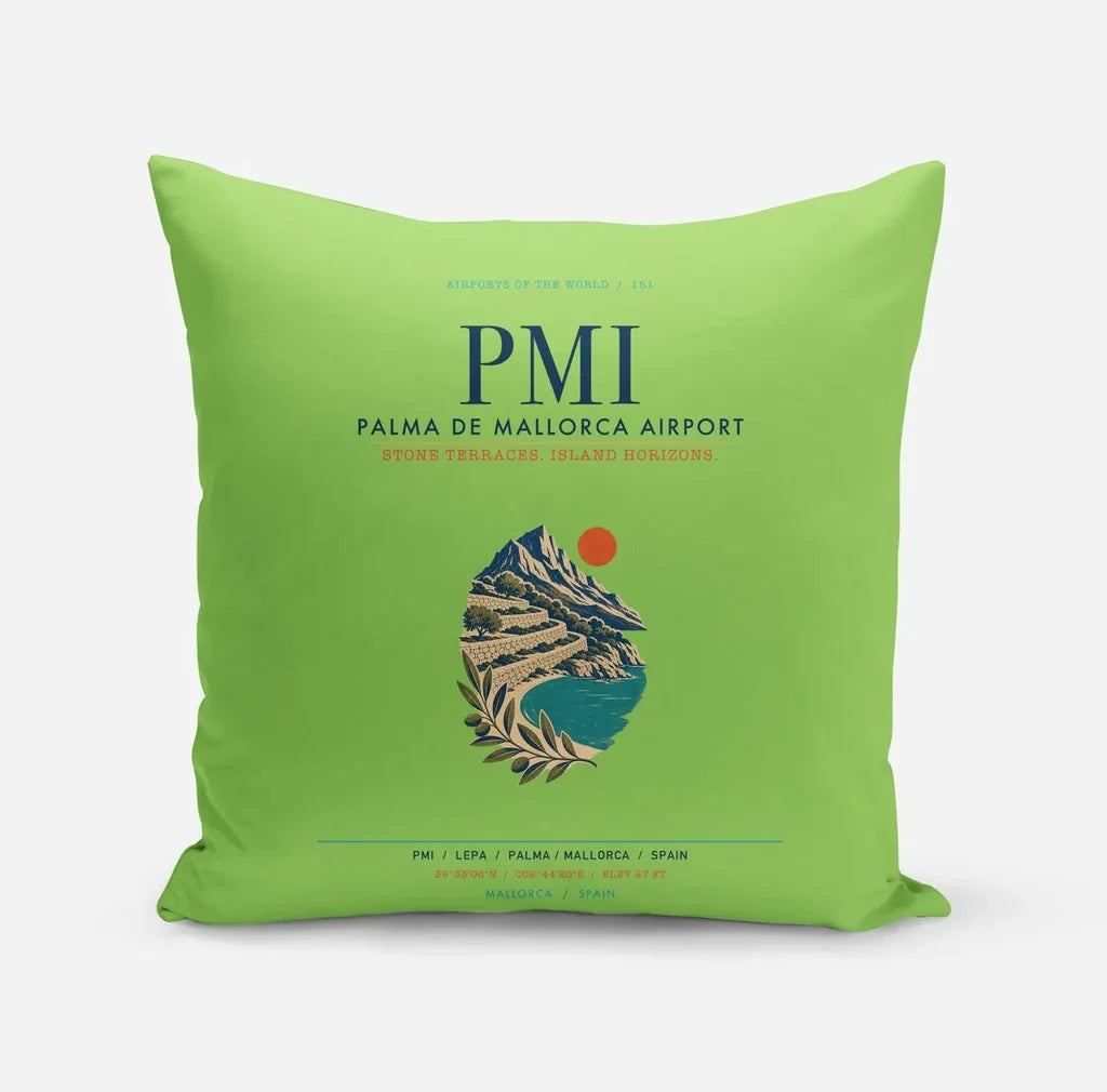 Palma de Mallorca Airport (PMI) design on light green pillow