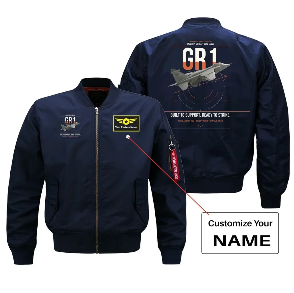 SEPECAT Jaguar GR1 design on blue+name bomber jacket, double-side print