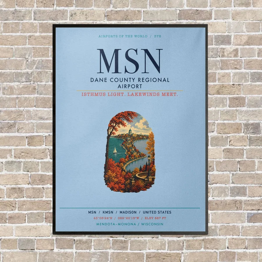 Dane County Regional Airport Madison MSN vertical canvas print - framed - light blue background