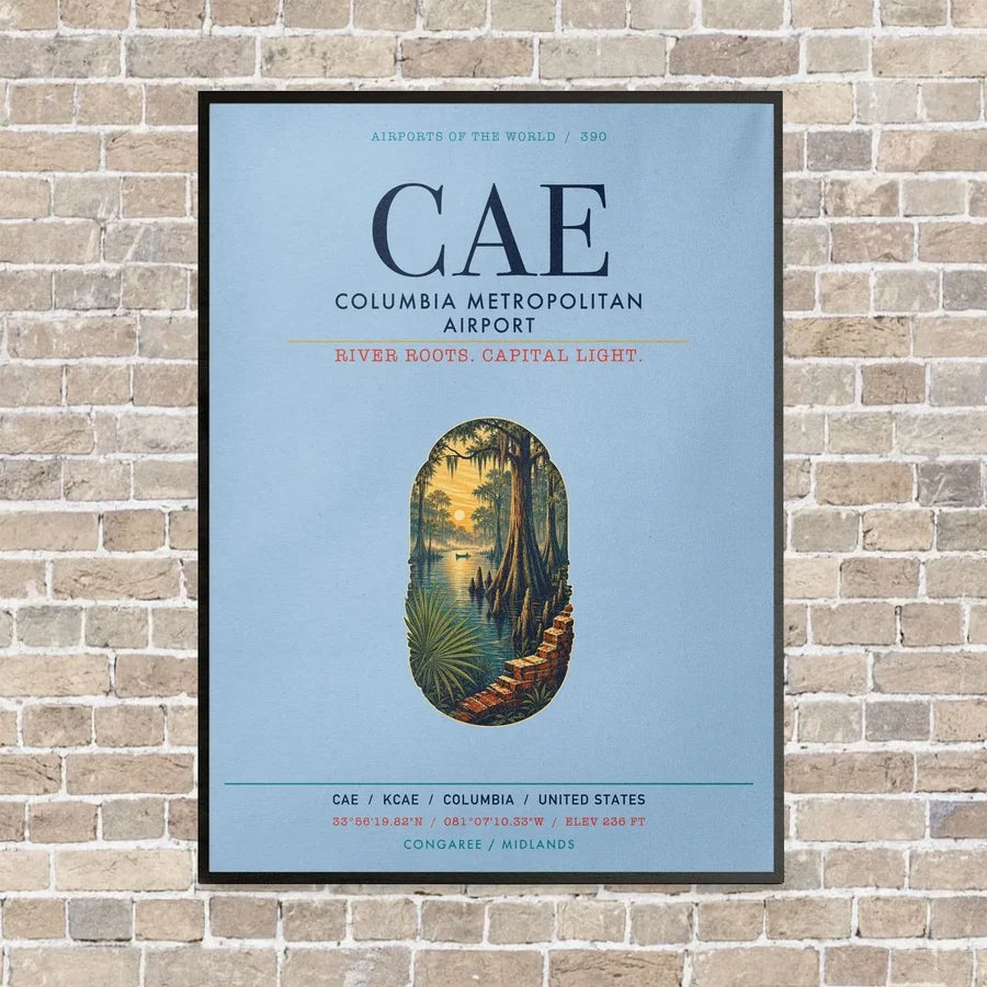 Columbia Metropolitan Airport CAE vertical canvas print - framed - light blue background