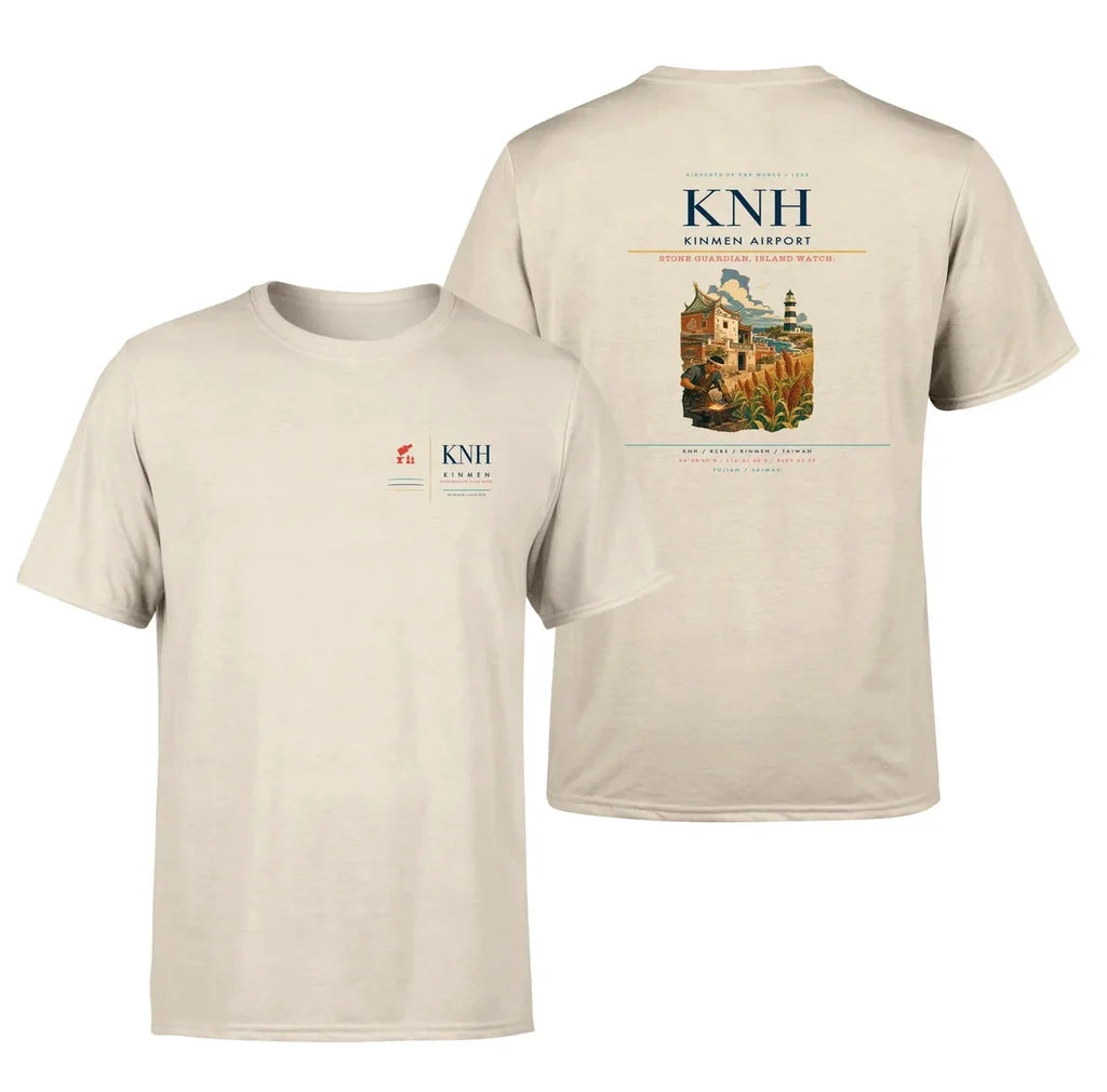 Kinmen Airport (KNH) design printed on beige double-side t-shirt