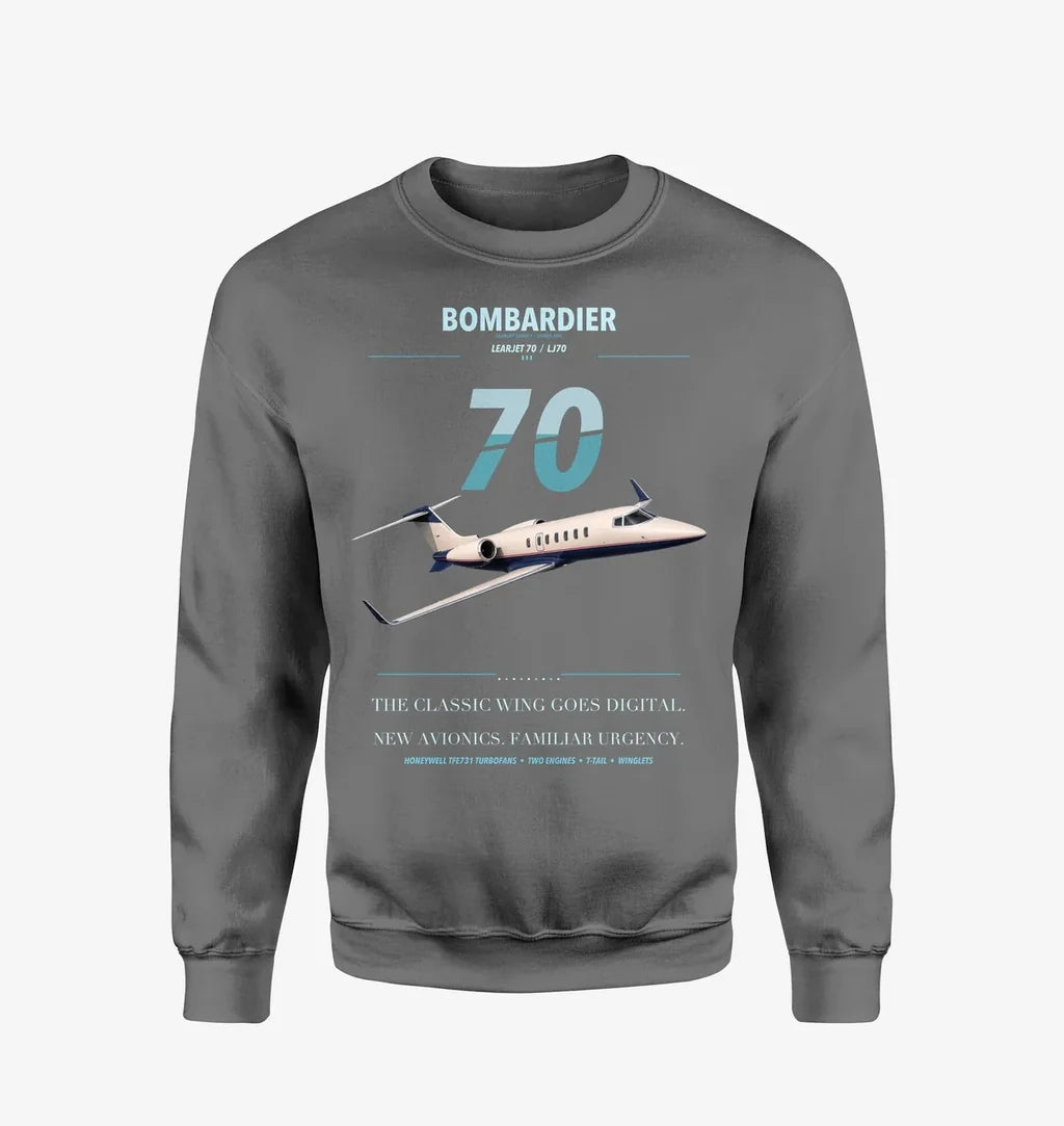 Bombardier Learjet 70 design on gray sweatshirt
