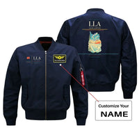 Thumbnail for Luleå Airport (LLA) design on blue bomber jacket with custom name patch