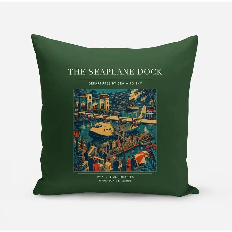 VINTAGE G4056 - The Seaplane Dock - Designed Pillows design on darkgreen