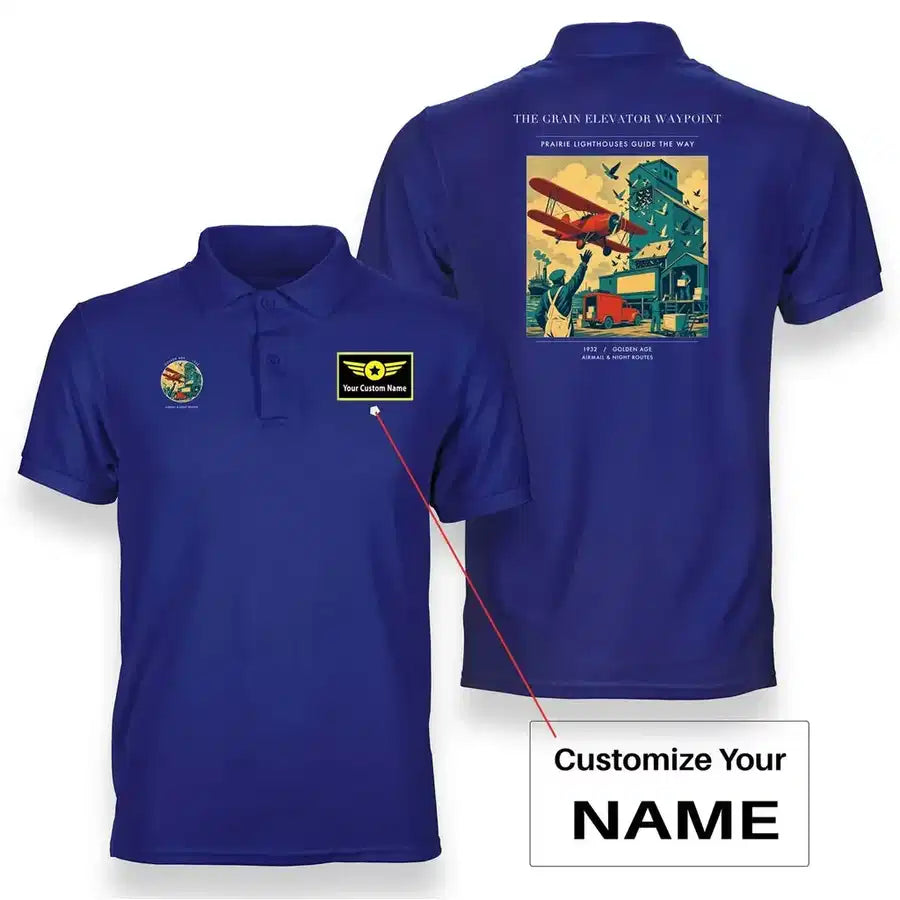 VINTAGE G4451 - The Grain Elevator Waypoint - Double-Side Polo T-Shirt design on blue+name