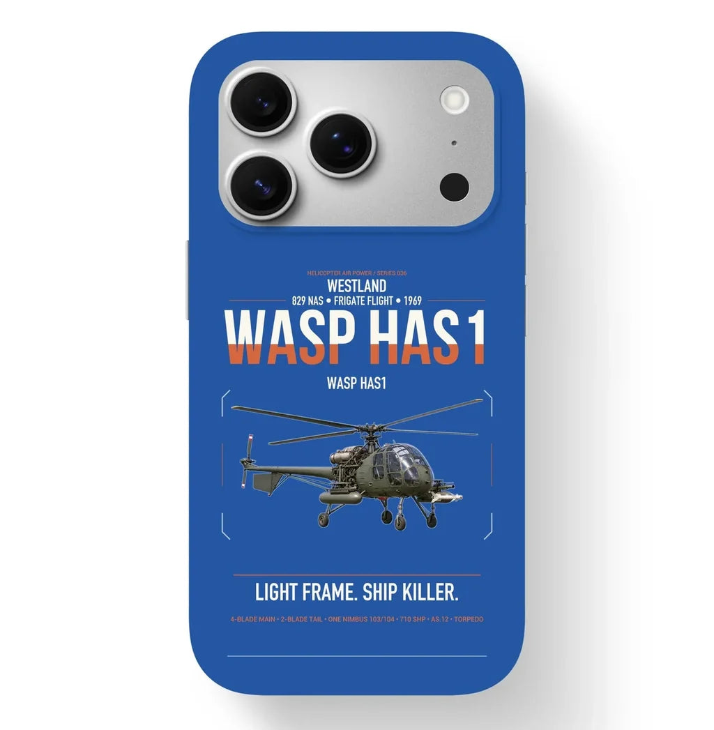 Westland Wasp HAS1 design on blue magsafe iphone case, for iPhone 17 Pro