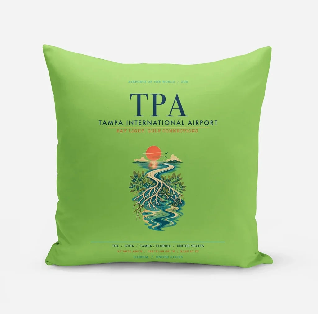 Tampa International Airport (TPA) design on light green pillow